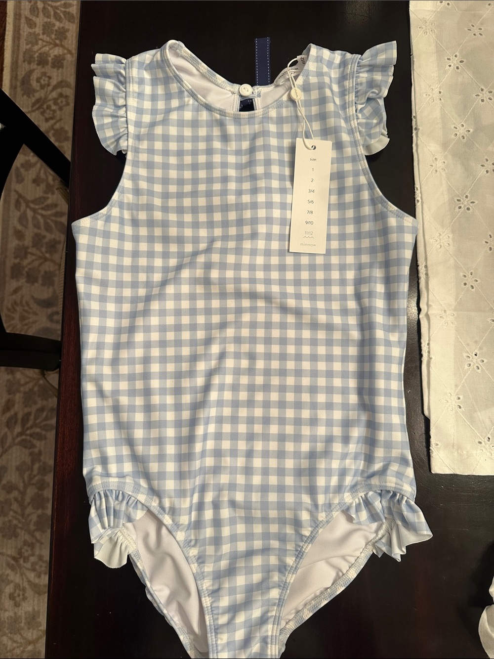 Minnow Blue Gingham One-Piece Swimsuit with Ruffle Sleeves